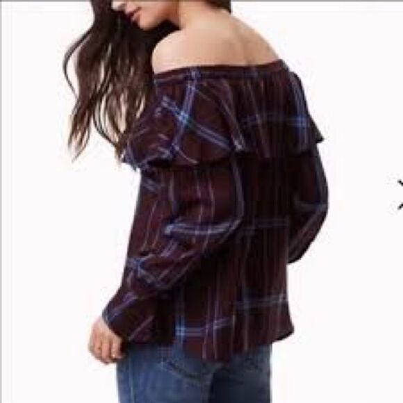 LOFT Tops - ANN TAYLOR LOFT Top Med Plaid Ruffle Off The Shoulder Long Sleeve Burgundy Blue